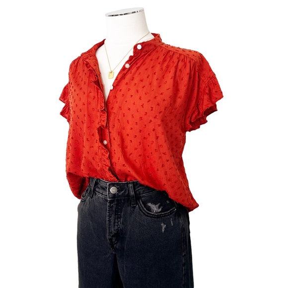 LOFT Ruffle Swiss Dot Button Up Blouse Short Sleeve Burnt Orange Sz S - Picture 6 of 15